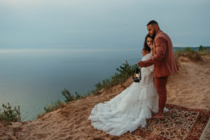 sunset bridal photos at empire bluff trail in Northern Michigan.